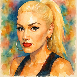 Gwen Stefani, square watercolor portrait with bold energy and bright, playful style