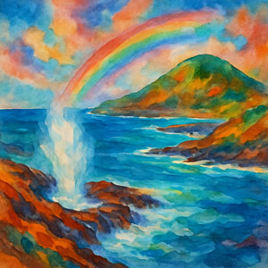 Honolulu blowhole with a rainbow arcing above the sea