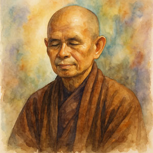 Watercolor portrait of Thich Nhat Hanh, peaceful and gently smiling