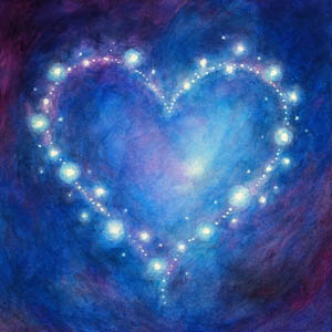 Watercolor sky with a glowing heart of stars, heaven as love