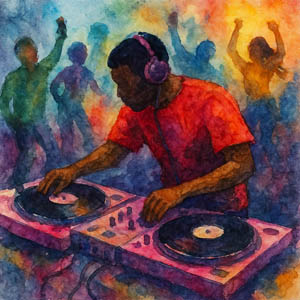 Watercolor DJ turntables and dance energy