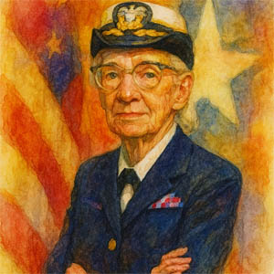 Watercolor portrait of Grace Hopper, pioneering computer scientist and Navy admiral, smiling confidently