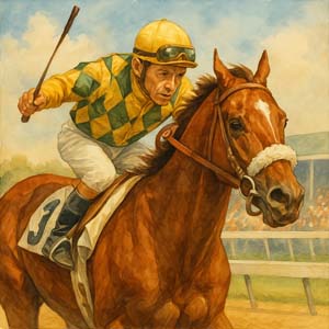 Original Daily Celebrations watercolor of a determined jockey and racehorse racing toward victory beneath a bright morning sky.
