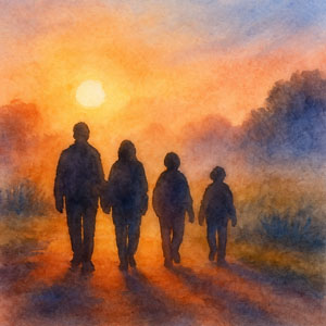 Watercolor of people walking at dawn