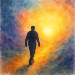 Watercolor silhouette walking into radiant light