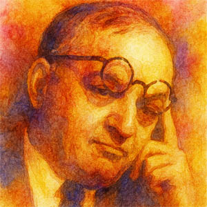 Watercolor portrait of Ira Gershwin, thoughtful in warm sunset hues with his round glasses catching the light