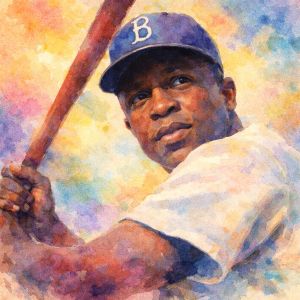 Portrait of Jackie Robinson, baseball pioneer and civil rights trailblazer