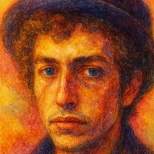 Watercolor portrait of Jakob Dylan with thoughtful expression and blue eyes.