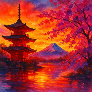 Square watercolor in Daily Celebrations style watercolor of Japanese pagoda with Mount Fuji in the background at dusk