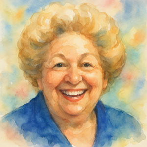 Watercolor portrait of Jean Nidetch with a welcoming smile and encouraging spirit