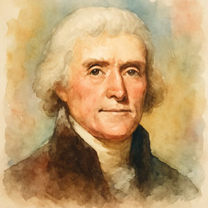 Square watercolor portrait of Thomas Jefferson in soft, luminous tones