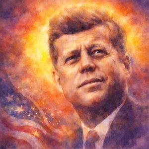 Watercolor portrait of John F. Kennedy with radiant golden halo in the Daily Celebrations portrait style