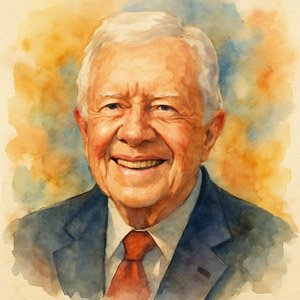 Watercolor portrait of President Jimmy Carter smiling warmly, soft brushstrokes in gentle tones