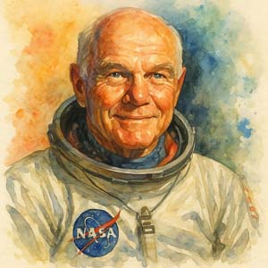 Watercolor portrait of astronaut John Glenn, a courageous American space pioneer, senator, and believer in faith and public service