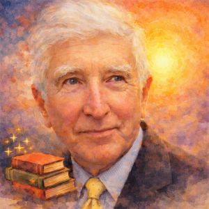 Watercolor portrait of writer John Updike with books and gentle stars symbolizing imagination and craft