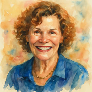 Watercolor portrait of Judy Blume smiling with books