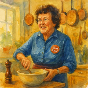 Watercolor of Julia Child in her kitchen