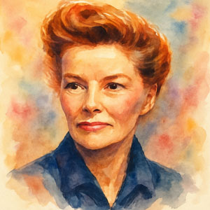 Katharine Hepburn, radiant watercolor portrait with gentle light and a quick, witty smile
