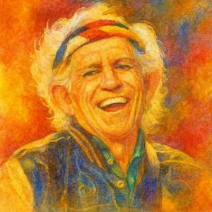 Watercolor portrait of Keith Richards with a sly grin and rock-and-roll spirit