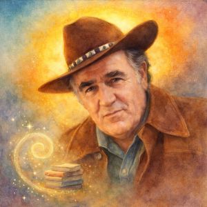 Watercolor portrait of Louis L'Amour with radiant golden halo and frontier sky