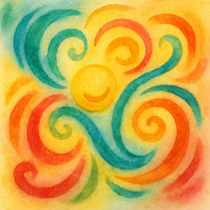 Radiant watercolor swirls of joy and humor, bright and lively