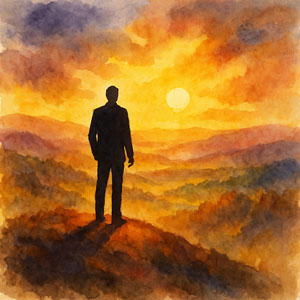 Square watercolor of a compassionate leader with gentle light