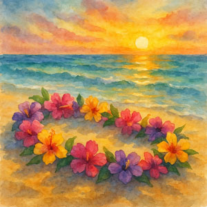Square watercolor in Daily Celebrations style — delicate lei resting on the shoreline at dawn, symbol of beginnings and endings in harmony