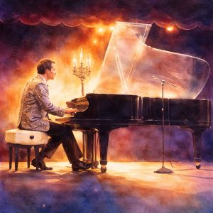 Square photograph of Elegant pianist under warm stage lights
