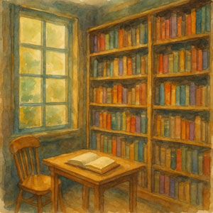 Square watercolor of books and gentle light, no words