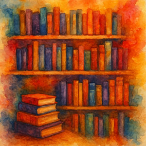 Square watercolor of glowing bookshelves, no words