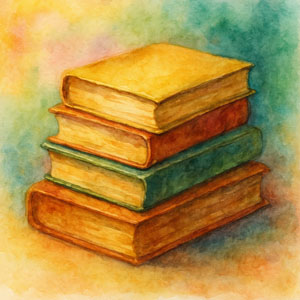 Square watercolor of sunlit shelves, no words