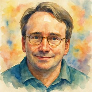 Watercolor portrait of Linus Torvalds, smiling gently with soft brown-gray hair, gold-rimmed glasses, and a teal shirt, set against a warm, abstract wash of colors
