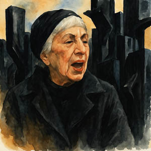 Watercolor of Louise Nevelson with dramatic black sculptural forms