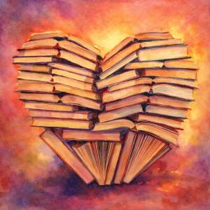 Watercolor heart made from stacked books