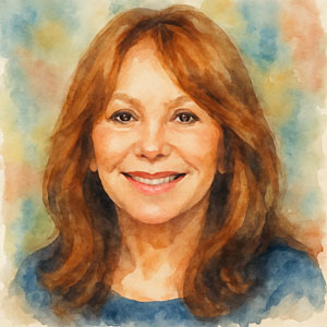 Square watercolor portrait of Marlo Thomas in soft, flowing Daily Celebrations style with radiant colors and a kind, thoughtful expression