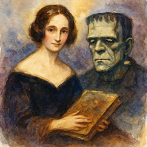 Mary Shelley with her Frankenstein creation, watercolor