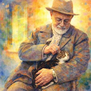 Watercolor portrait of Henri Matisse seated with a cat, rendered in radiant, flowing color and gentle light