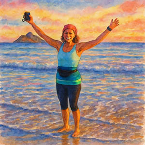 Watercolor-style image of Leialoha standing on the shore of Lanikai Beach, arms open in a joyful yes