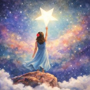 Watercolor image of a woman in a flowing dress reaching toward a glowing star in a night sky