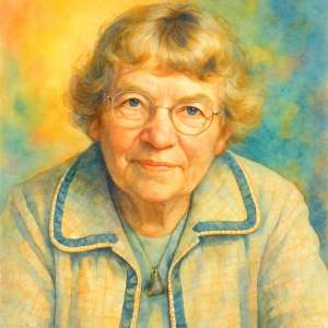 Watercolor portrait of Margaret Mead in radiant, thoughtful colors