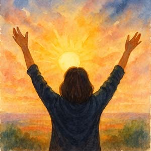 A woman celebrates the sunrise