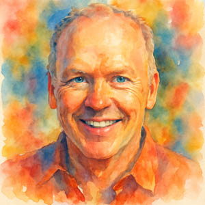 Square watercolor portrait of actor Michael Keaton — vibrant Daily Celebrations style, no words
