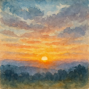 sunrise over Asheville, North Carolina, soft clouds and warm light on the horizon