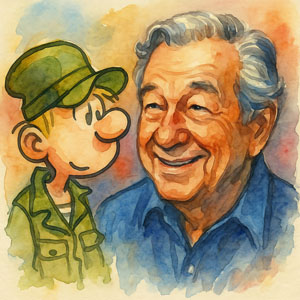 Watercolor of cartoonist Mort Walker with Beetle Bailey