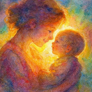 Tender watercolor of a mother and child in golden light