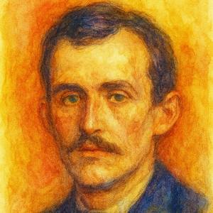 Watercolor portrait of Edvard Munch in warm, swirling colors