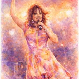 Watercolor portrait of a joyful country singer holding a microphone, radiant with warm, passionate colors