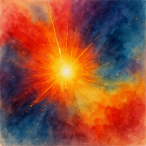 Square watercolor in Daily Celebrations style — bright spark becoming a lantern of resolve; invention rising from need