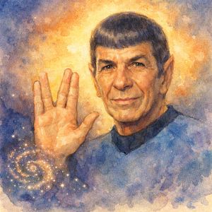 Watercolor portrait of Leonard Nimoy with cosmic sky and Vulcan salute