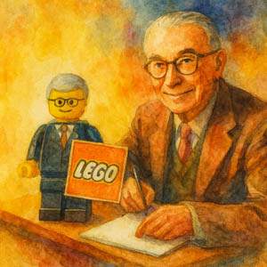 Watercolor portrait of Ole Kirk Christiansen with playful colorful shapes inspired by LEGO bricks